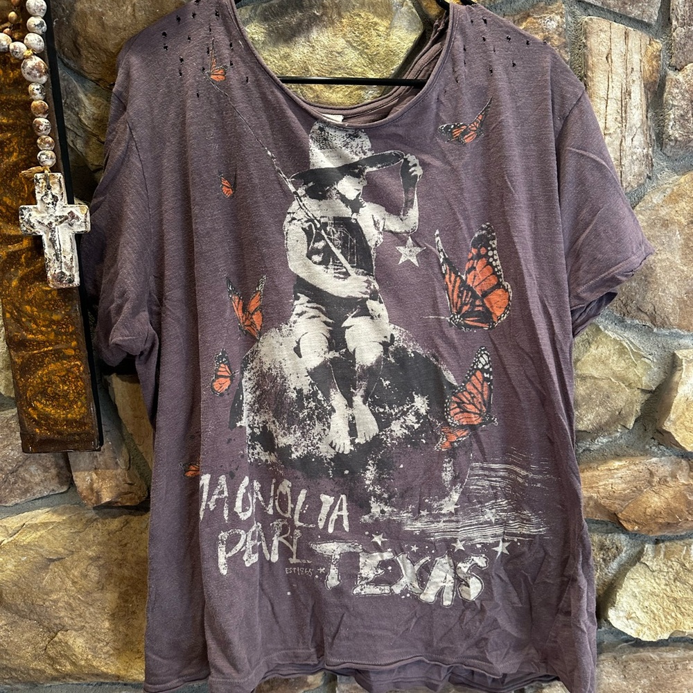 Magnolia Pearl Brown Graphic Tee with Orange Butterfly Accents